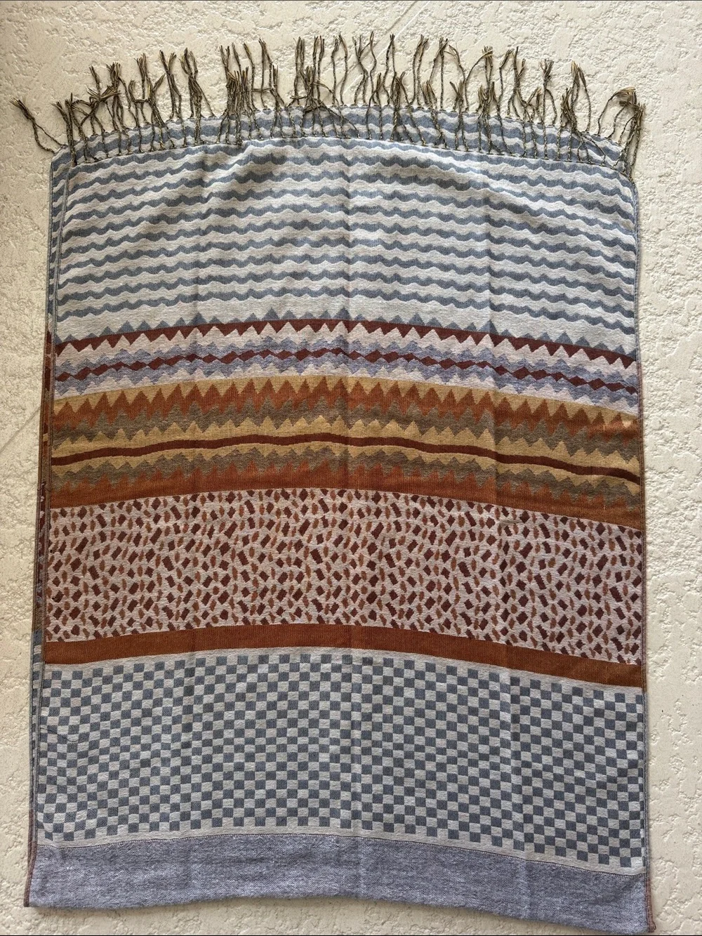 Woven Fringe Throw Blanket in Blue, Brown & Cream